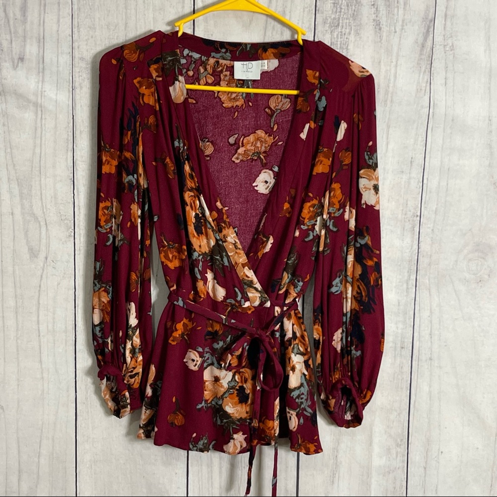 HD In Paris Floral Long Sleeve Wrap Blouse Size 4